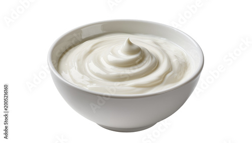 Foto Creamy white yogurt swirl in white ceramic bowl