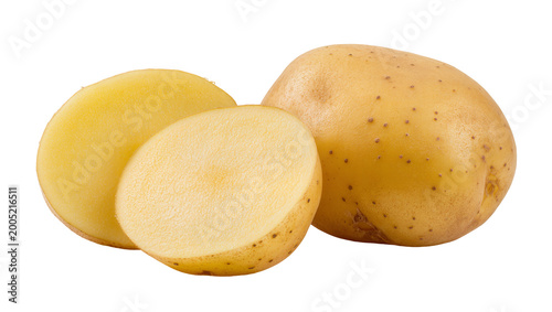 Photos Raw Yellow Potatoes with Cut Half and Small Sprout