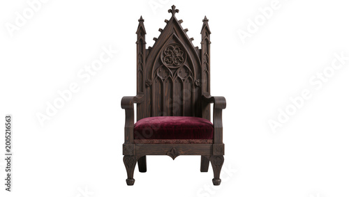 Bild auf Leinwand Ornate Gothic Throne with Deep Red Velvet Cushion and Carved Wood Details