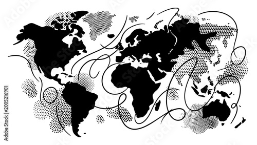 Fotografie World map silhouette with flowing swirl lines and halftone dot accents in minima