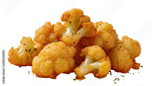 Tableau sur toile Crispy golden fried cauliflower florets with herbs and sauce drizzle