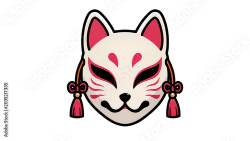 Stylized White Fox Mask with Red Accents and Tassels