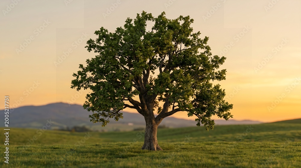 Obraz premium Lone Green Tree Nature Landscape Sunset Scene