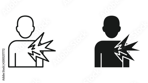Two black and white icons depicting a person with a pain or shock in their upper body area