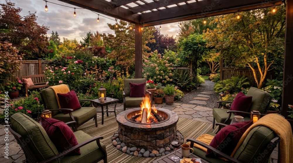 Fototapeta premium Cozy backyard patio with a stone fire pit and comfortable seating at dusk