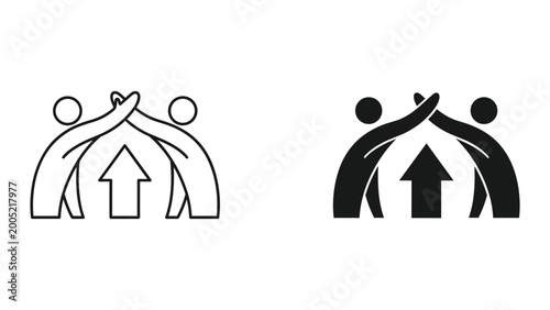 Two people with hands on each other and an upward arrow in the middle in black and white