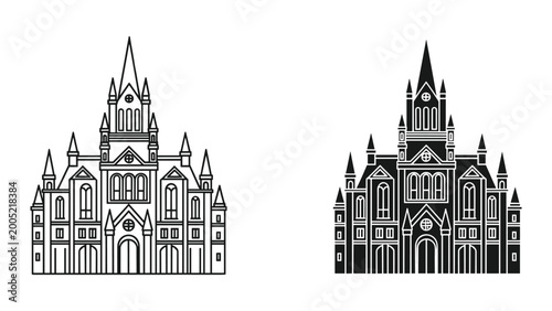 Vector illustration of two gothic church buildings in black and white on isolated white background