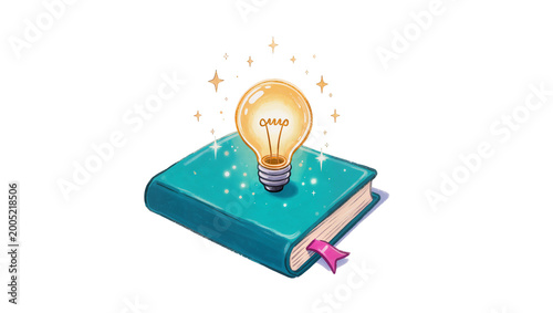 Photos Green hardcover book with glowing lightbulb and sparkling dust