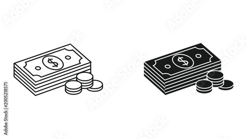 Vector illustration of black and white money icons with dollar bills and coins on a white background