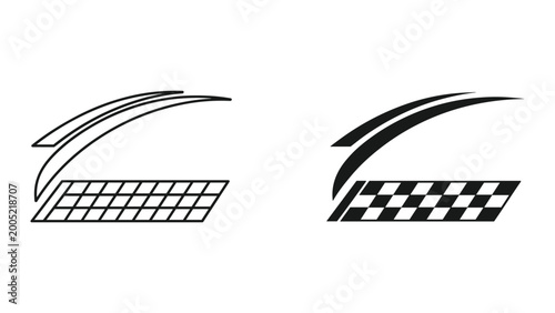 Black and white racing checkered flag swoosh symbols for racing and speed isolated on white background