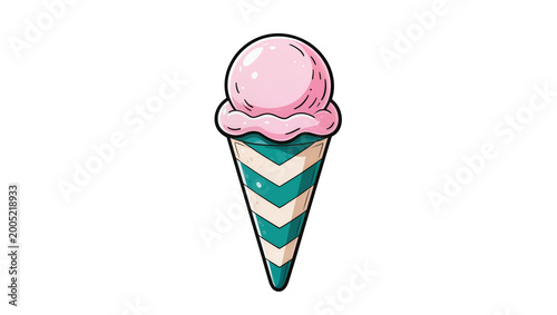 Pink ice cream scoop on striped cone vector cartoon