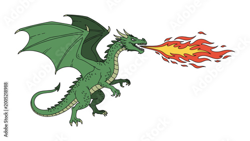 Fierce green dragon character standing on its hind legs breathing out a large plume of orange and yellow fire on a clean white background.