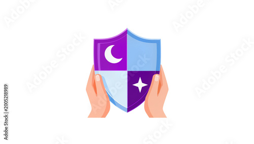 Purple Shield with Crescent Moon and Star Held by Human Hands