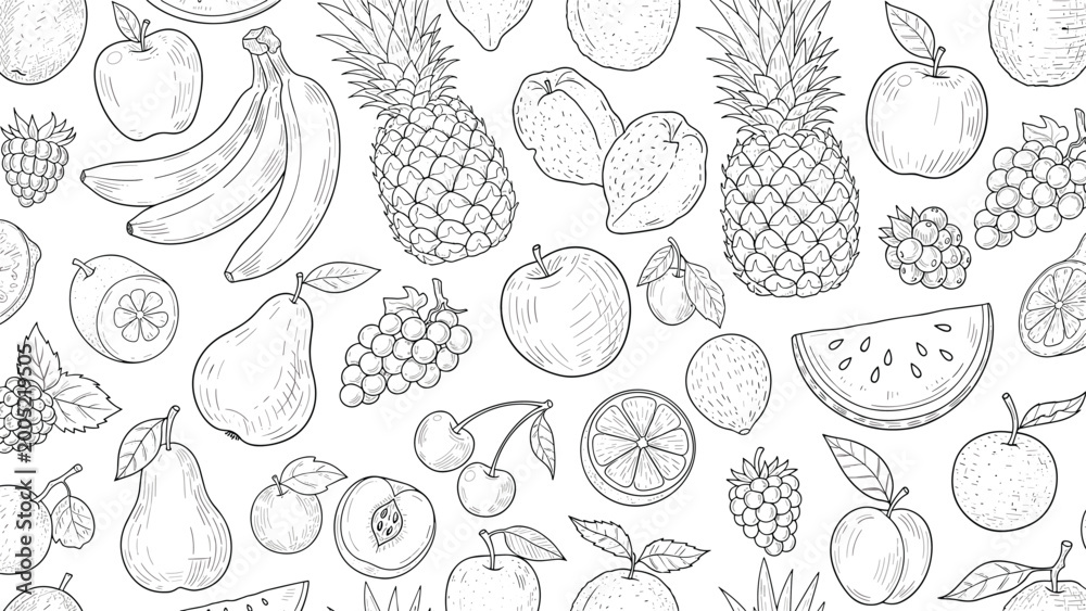 Fototapeta premium Detailed black and white line art pattern featuring a variety of healthy fruits like banana pineapple apple and grapes.