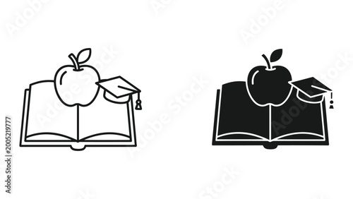 Photos Vector illustration of an apple on an open book with a graduation cap on top, sy