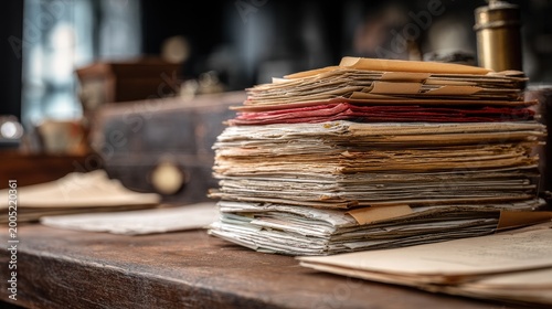 Stack of aged paper documents and files on a wooden desk