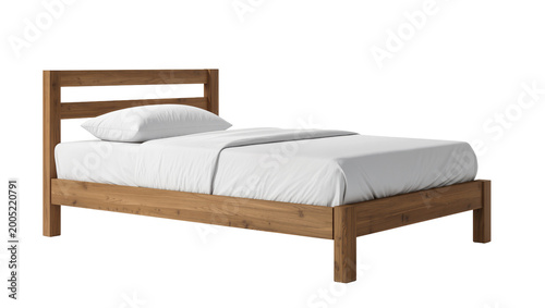 Foto Wooden bedframe with linen bedding and single white pillow