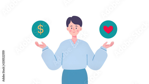 Smiling Man Holding Money and Heart Symbols in Hands
