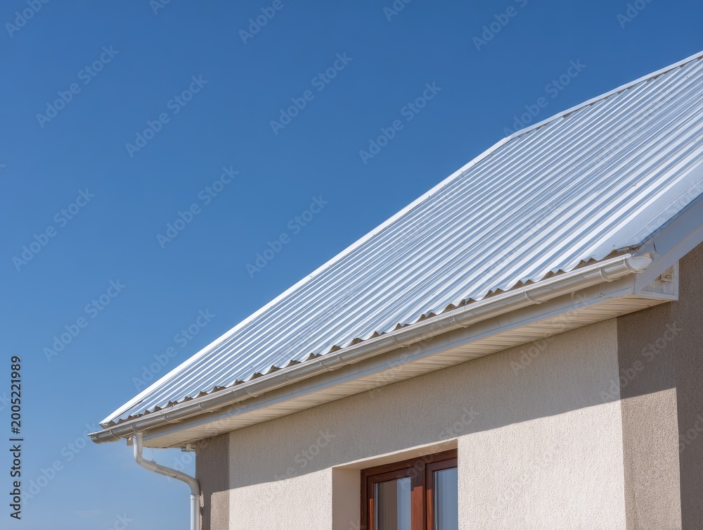 Fototapeta premium Modern home with white corrugated metal roof against bright blue sky