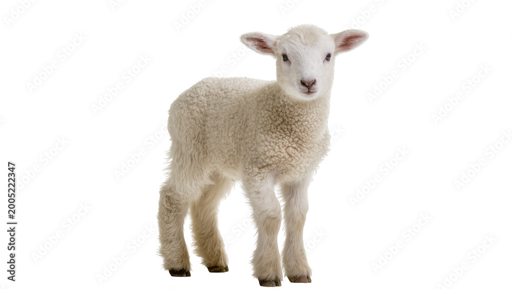 Fototapeta premium Fluffy young lamb standing with woolly coat and gentle expression
