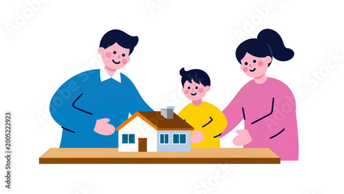 Smiling Family Looking at Miniature Blue House on Wooden Table