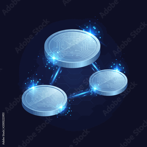 Isometric illustration of a glowing savings jar with coins connected by lines