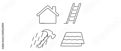 Professional vector icon set collection of 4 minimalist line art icons for roofing and home repair services, featuring a house, ladder, hammer, and roof shingles for construction trade branding.