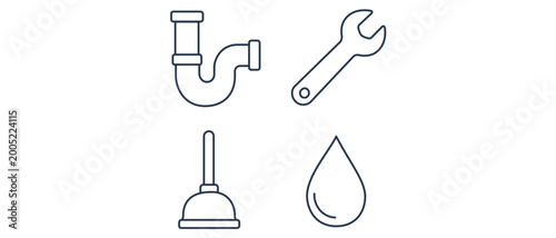 Professional plumbing vector icon set featuring 4 minimalist line art designs: a pipe trap, adjustable wrench, toilet plunger, and water drop. Ideal for home repair and maintenance services.
