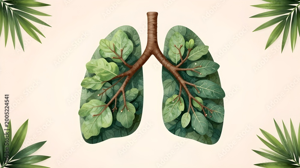 Naklejka premium 3d illustration of human lungs with leaf texture for health and environment concept
