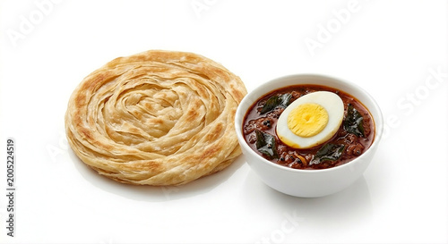 Crispy Malabar parotta with spicy egg curry and boiled egg in a white bowl isolated on white background studio shot