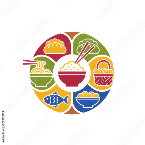 Colorful graphic depicting various Asian dishes in circular arrangement  