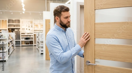 Middle-aged male customer inspecting quality of a contemporary light oak door handle in a hardware store or interior design studio