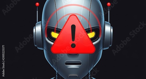 Robot head with warning sign face.