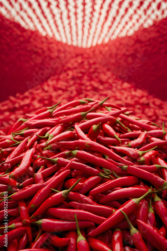 Large pile of red chili peppers forming a repeating background pattern in vibrant food texture