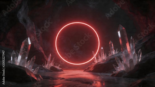 Crystal cave with glowing red circle