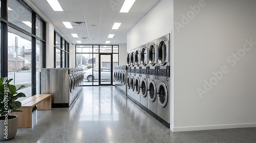 Interior view of a luxury laundry lounge with industrial grade machines, shiny reflective flooring, and modern aesthetic for urban residential living
