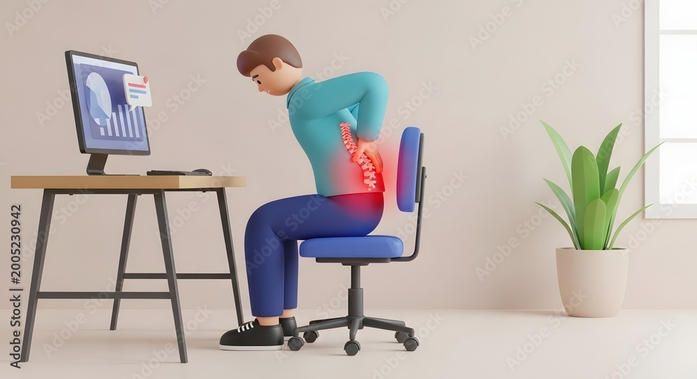 Fototapeta premium Illustration of Office Worker Experiencing Back Pain Due to Incorrect Chair Height and Poor Ergonomic Sitting Position