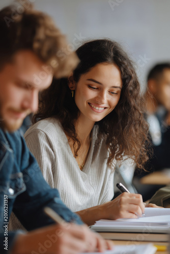 University classmates planning presentation while writing notes in notebook, medium close-up teamwork scene, modern campus interior, soft daylight