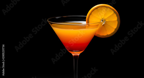 A vibrant orange cocktail in a martini glass with an orange slice on the rim against a black background