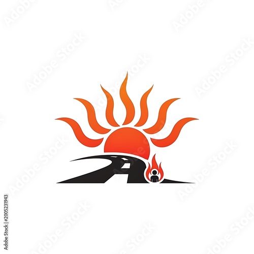 Stylized sun logo with flame.
