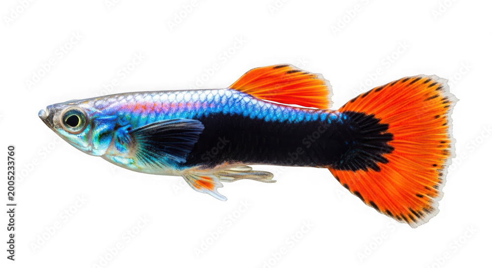 Fototapeta premium Colorful guppy fish with blue and orange fins isolated on transparent background