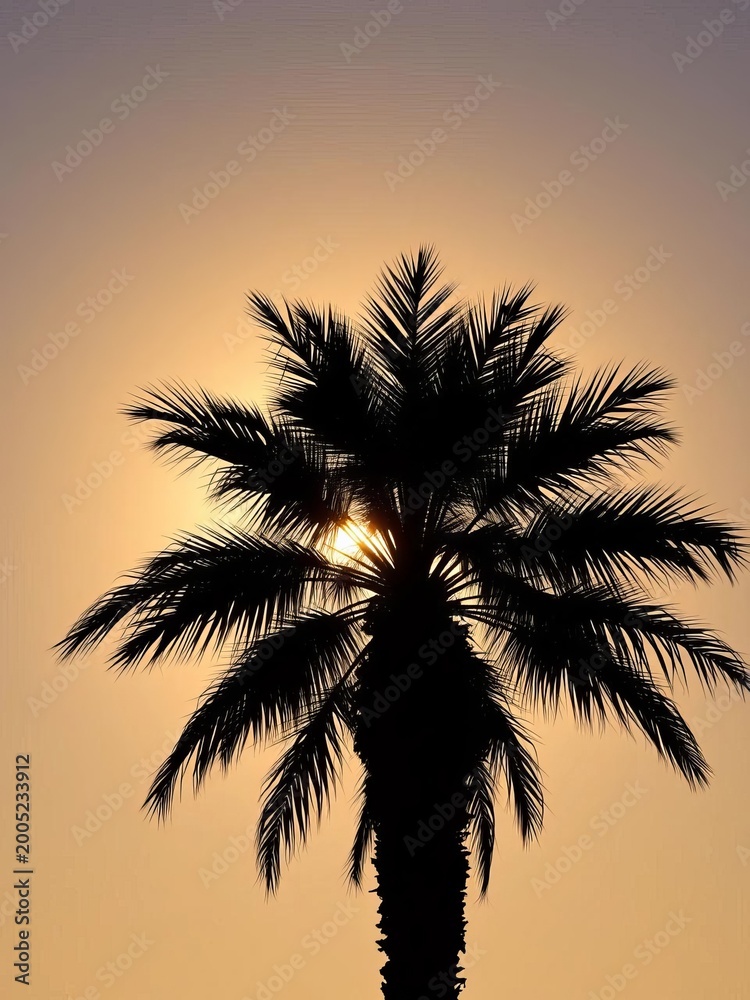 Fototapeta premium Palm tree silhouette against a warm summer sun sets, outdoors, palm
