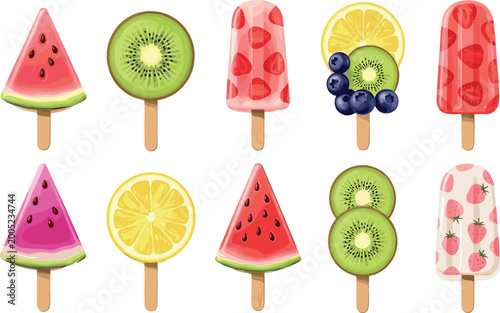 Colorful Fruit Popsicle Collection Featuring Watermelon, Kiwi, Lemon, and Strawberry Flavors for Summer Refreshment and Food Design