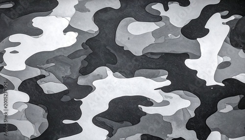 Abstract grayscale camouflage pattern with layered textures