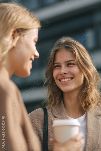 Modern smiling gen z women chatting together during outdoor coffee break near office building, medium close-up authentic lifestyle interaction, sunny daylight, modern architecture background softly