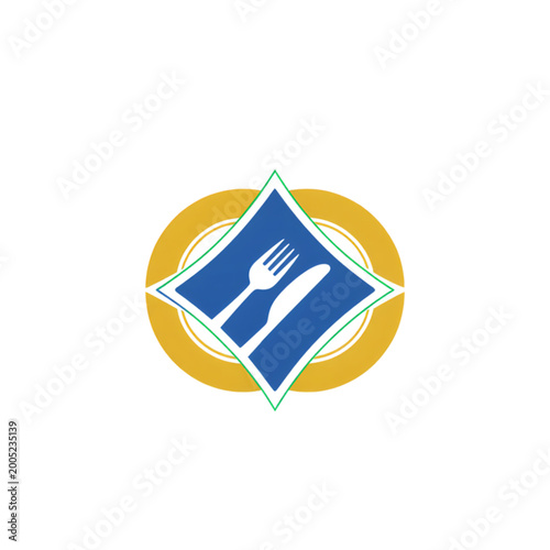 Logo featuring fork and knife in blue and gold design  