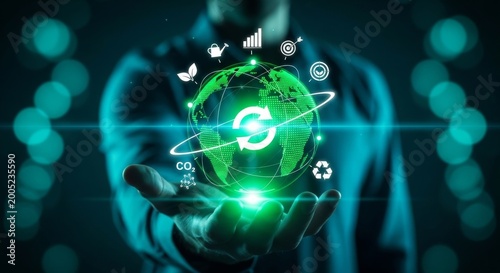 Businessman selecting circular economy icon on virtual screen. Concept of sustainability, eco-friendly business, green innovation, carbon footprint reduction, and environmental responsibility