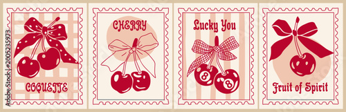 Fotografia Trendy retro poster set with coquette cherries red bows and hand drawn illustrat