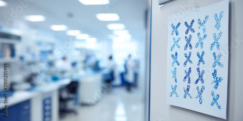 Printed cytogenetics reference poster with human chromosome karyotype pairs arranged scientifically on lab wall, medium close-up research environment, bright clinical lighting