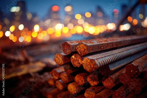 Rusted metal rods in foreground with blurred city lights at dusk